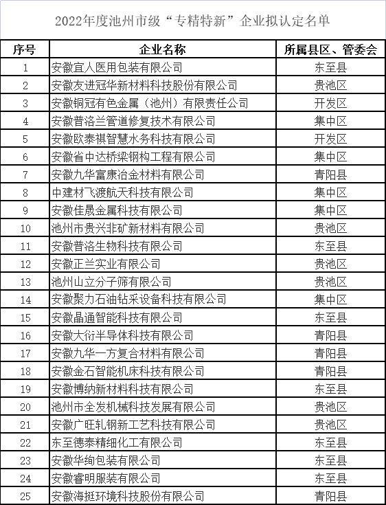 池州市專精特新中小企業名單